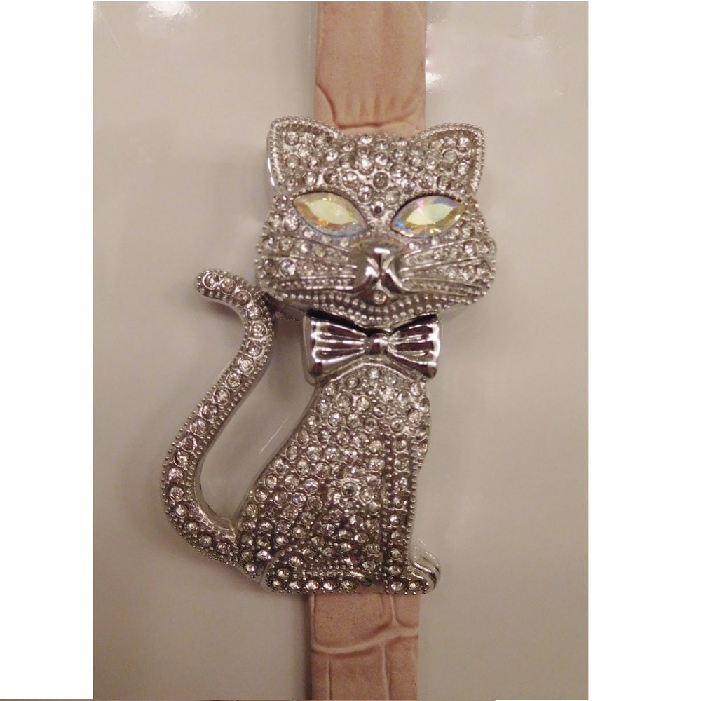 Cat Crystal & Silver Watch Pink Leather Band Gruen
